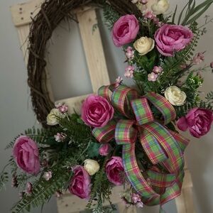 Floral Wreath with Pink Roses and Plaid Bow